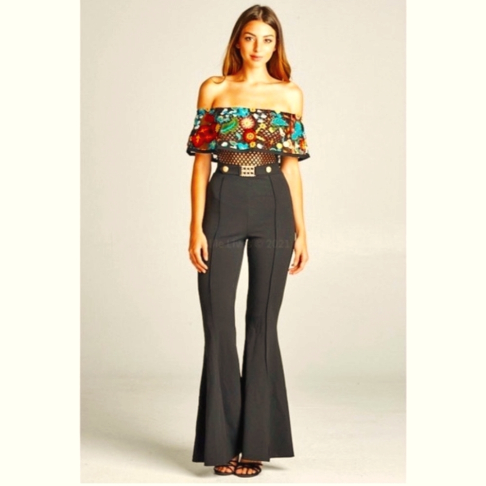 Festive  Off Shoulder Embroidered Floral Mesh Net  Flared Leg Jumpsuit , Black